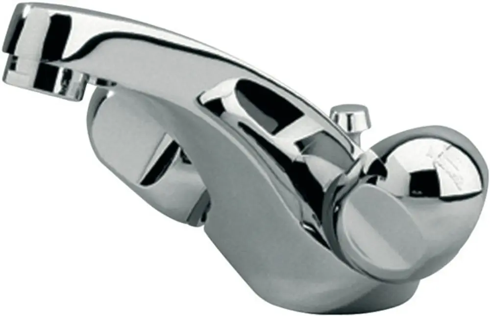 Chromfarbener Wasserhahn mit zwei Griffen von Ideal Standard, entworfene Form mit einer abgerundeten Oberfläche und einer Kugelgriffsteuerung.